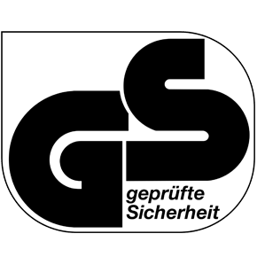 Schwarzweißes Logo mit text "Geprüfte Sicherheit"