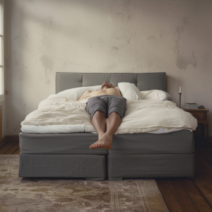 Ein Mann liegt auf einem zu kurzen Boxspringbett und benötigt ein Bett in Überlänge